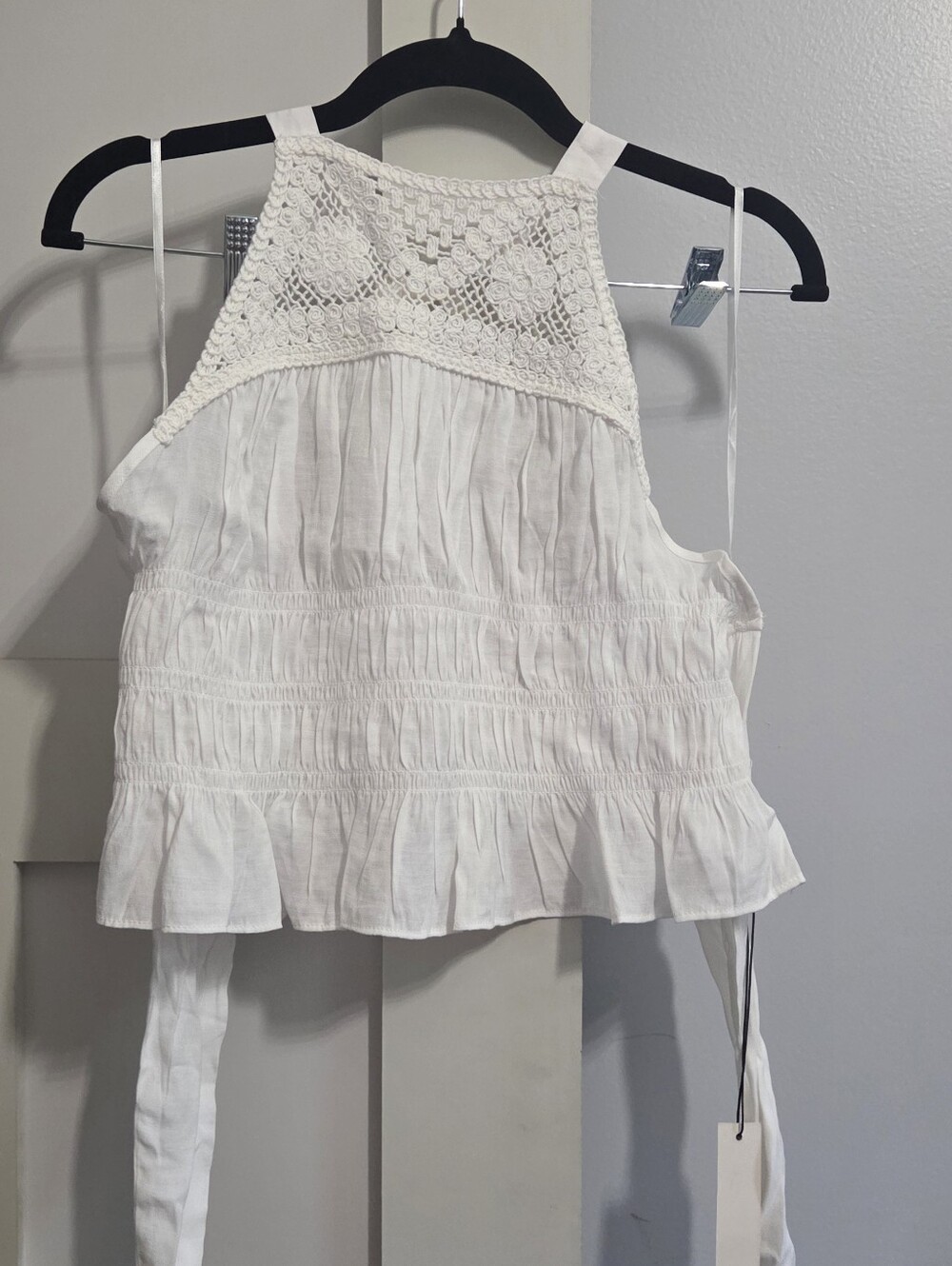 NWT Mustard Seed White Crochet Tie On Boho Halter Peplum Camisole